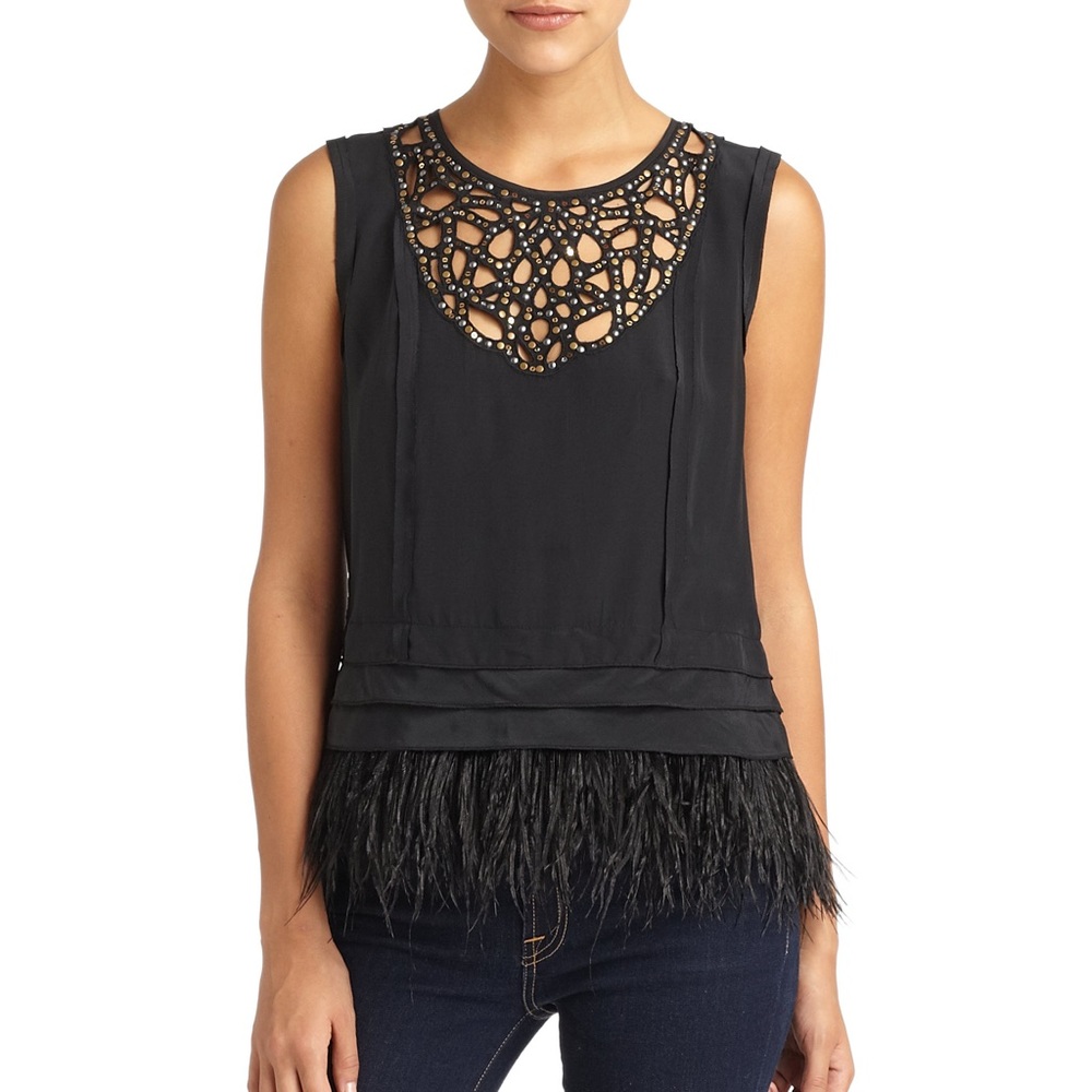 NWT BCBGMAXAZRIA Black Sequin Ostrich Feather Top